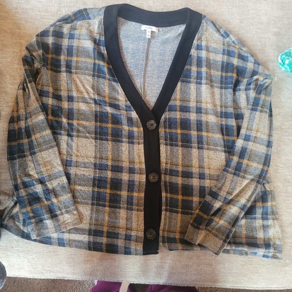 Maurices Womens Plaid Cardigan Sweater Blue Yellow Black Knit Size XXL